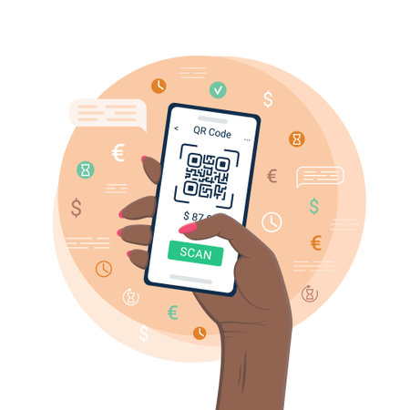 An African-American woman's hand holding a smartphone, scanning and paying with a QR code technology. Contactless mobile payment. Vector illustration in flat styleのイラスト素材