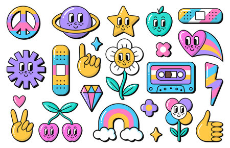 Retro nostalgic groovy 90s stickers. Vintage doodle style rainbow, cherry, heart and peace symbols. Funny star, smiley daisy flower, magic crystal, medical patch signs. EPS 10 vector illustrations.のイラスト素材