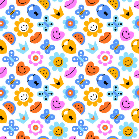 Seamless pattern of vintage plastic beads. Nostalgic 90s retro style hand drawn flowers, hearts, lips, watermelons, princess crowns and butterflies background. EPS 10 vector backdrop.のイラスト素材