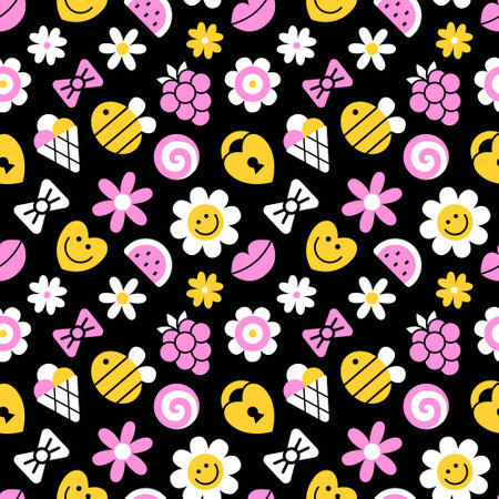 Seamless pattern of vintage plastic beads. Nostalgic 90s retro style hand drawn bees, bows, flowers, hearts, lips, grapes and sundae background. EPS 10 vector backdrop.のイラスト素材