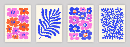Abstract simple colorful flower and leaf composition set. Contemporary art interior poster designs. Naive drawing EPS 10 vector background collection.のイラスト素材