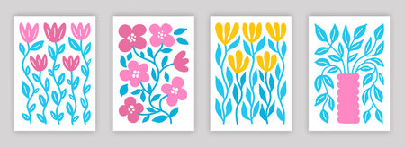 Abstract simple colorful flower and leaf composition set. Contemporary art interior poster designs. Naive drawing EPS 10 vector background collection.のイラスト素材