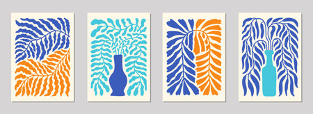Abstract simple colorful leaves in vases composition set. Contemporary art interior poster designs. Naive drawing EPS 10 vector background collection.のイラスト素材