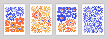 Abstract simple colorful flower and leaf composition set. Modern art interior poster designs. Naive drawing EPS 10 vector background collection.のイラスト素材