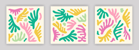 Abstract simple colorful plants, leaves and corals composition set. Contemporary art interior poster designs. Naive drawing EPS 10 vector background collection.のイラスト素材