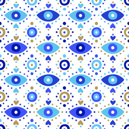Background of Turkish evil eye symbols. Ethnic style blue Greek protection from the spoilage signs with golden details. EPS 10 vector seamless pattern for wrapping paper, textile, package printのイラスト素材