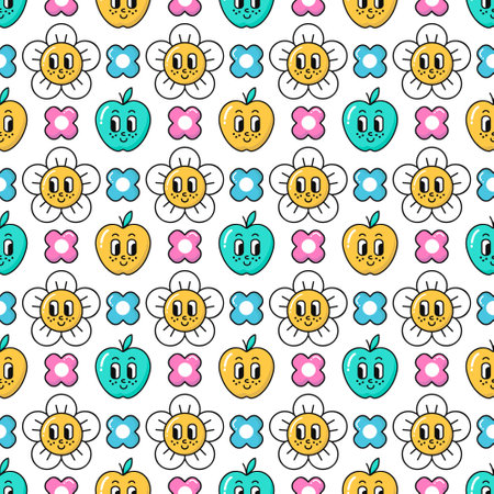 Seamless pattern of retro 90s groovy style elements. Daisy flowers, apple fruits with eyes and smiles background. EPS 10 vector illustration.のイラスト素材