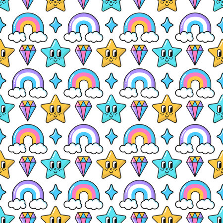 Seamless pattern of groovy retro 90s style elements. Rainbows, crystals, stars with eyes and smiles background. EPS 10 vector illustration.のイラスト素材