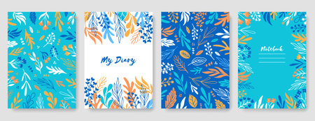 Copybook and diary templates with leaves pattern. Floral frames composition set. Aesthetic botanical notebook covers. EPS 10 vector illustration.のイラスト素材