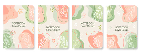 Abstract organic design copybook and diary templates with leaves pattern. Floral frames composition set. Aesthetic botanical notebook covers. EPS 10 vector illustration.のイラスト素材
