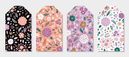 Rustic brochure pastel shades colored design. Vintage style floral colorful tag set. Flower ornate blanks with leaves and branches pattern. EPS 10 vector illustration.のイラスト素材