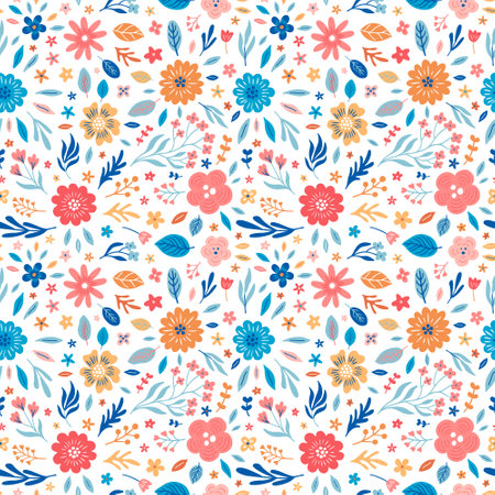 Pretty rustic seamless botany pattern design. Vintage floral colorful background. Boho style little flowers ornate backdrop with leaves and branches. EPS 10 vector illustration.のイラスト素材