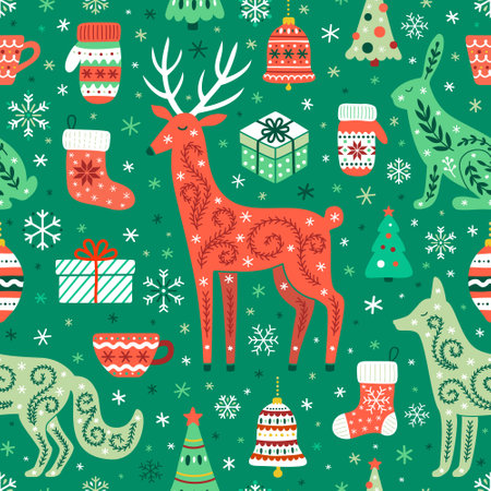 Christmas seamless pattern of forest animals, gift boxes, decorations and snowflakes. Xmas color socks, mittens, mugs, fir tree background. Ornate rabbit, deer, fox vector EPS 10 illustration.のイラスト素材