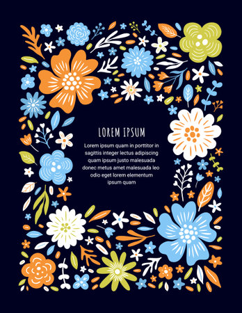 Aesthetic composition with floral pattern. Boho flower frame with place for text. Provence style print for rsvp cards, wedding invitations, notebook, diary, notepad covers. EPS 10 vector illustration.のイラスト素材