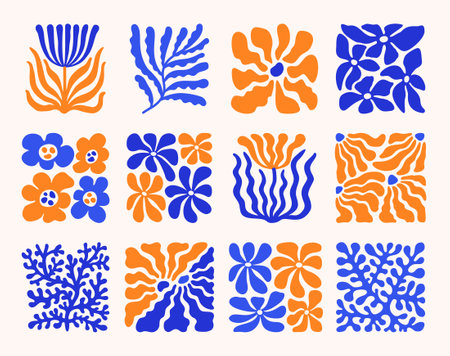 Abstract simple orange blue colorful flowers, leaves and corals compositions. Mediterranean colored contemporary art designs. Naive drawing. EPS 10 vector illustration.のイラスト素材