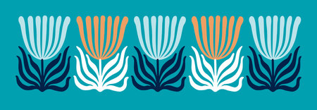 Abstract simple colorful flowers and leaves in a row border. Naive style drawing. EPS 10 vector illustration.のイラスト素材