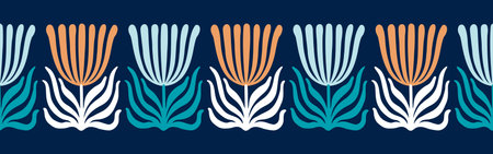 Abstract simple colorful flowers and leaves in a row seamless border. Naive style drawing. EPS 10 vector illustration.のイラスト素材