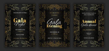Luxury black annual gala dinner, night, evening invitation template set with golden details and text. Baroque style retro ornate pattern background. EPS 10 vector illustration.のイラスト素材