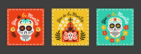 Mexican style square greeting card set. Ornate skulls, tomb with cross flourishes, flowers, leaves decoration. Day of the Dead hand drawn lettering inscription in Spanish language. Vector illustrationのイラスト素材