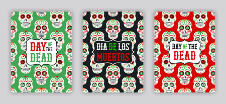 Mexican style red, green, black greeting card set with ornate skulls pattern decoration. Day of the Dead hand drawn lettering inscription in Spanish and English languages. Vector illustrationのイラスト素材