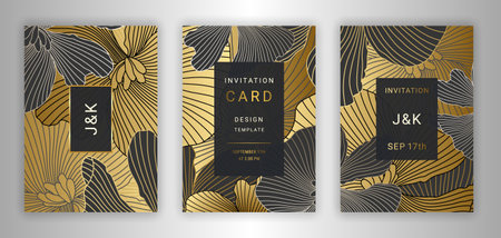 Gold colored floral wedding invitation cards. Elegant stylized linear abstract begonia flowers background with dark details. Botanical illustration EPS 10 vector design template set. Clipping masks.のイラスト素材