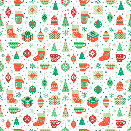 Christmas gifts seamless pattern. Red green backdrop with ornate xmas mugs, gift boxes, mittens, Santa's socks, fir trees, toys and snowflakes. EPS 10 vector background.のイラスト素材