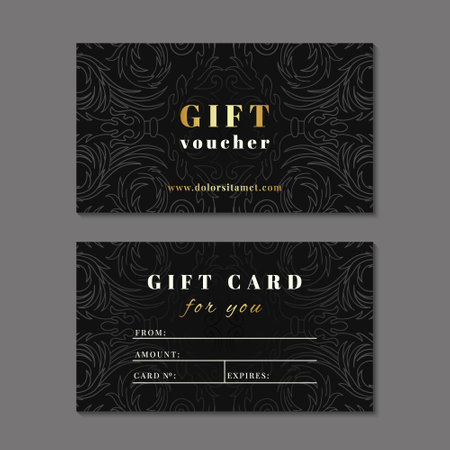 Vintage black gift card with golden text. Dark elegant classic voucher design with retro baroque ornament. Luxury style ornate brochure template set. EPS 10 vector illustration.のイラスト素材