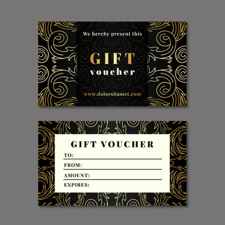 Retro dark elegant classic gift certificate design with gold colored baroque style ornament. Vintage black voucher, golden text template. Glamorous ornate card set. EPS 10 vector illustration.のイラスト素材