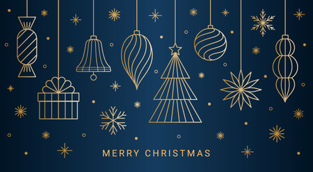 Merry Christmas toys line art design composition. Gold linear hanging ball, bell, fir tree, gift box, candy in a wrapper, snowflakes decorations on the dark blue background. EPS 10 vector bannerのイラスト素材
