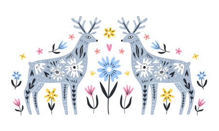 Ornate forest animals with floral pattern design on the flower background. Two reindeers in symmetrical composition.のイラスト素材