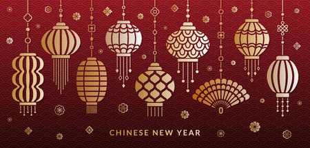 Chinese new year composition of traditional Asian hanging ornate lanterns and fan on the gradient red background with flowers. Gold colored flat style decoration. EPS 10 vector illustrationのイラスト素材