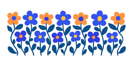 Floristic banner design. Horizontal composition of abstract simple hand-drawn flowers in a row and leaves. Contemporary art naive drawing style wildflower border. EPS 10 vector bacのイラスト素材