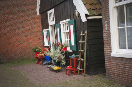 Marken/Netherlands - 26/09/2017: Traditional Dutch house in Marken island, empty streetのeditorial素材