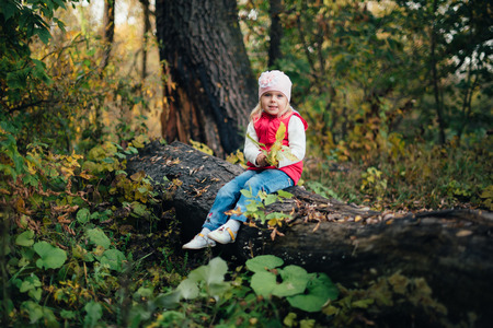 little girl in the red in the autumn forest, parkの写真素材