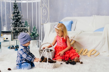 children in a studio Christmas boy and girlの写真素材