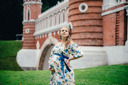 Pregnant beautiful girl in colorful dress in natureの写真素材
