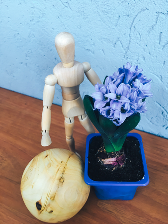wooden faceless man gives blue flowers oneの写真素材