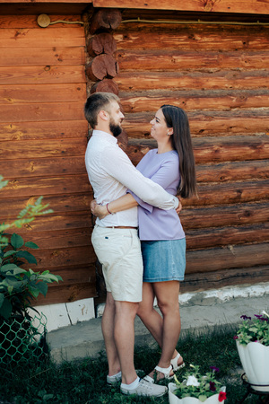 young beautiful couple in nature in summer 1の写真素材