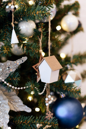 Christmas decor with Christmas tree and toysの写真素材