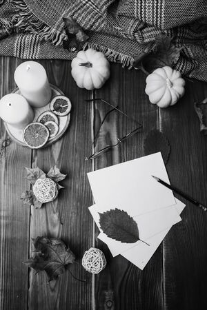 autumn set of pumpkins and dried leaves on a wooden backgroundの写真素材
