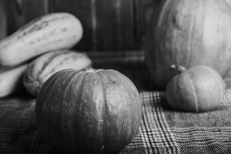 autumn set of pumpkins and dried leaves on a wooden backgroundの写真素材