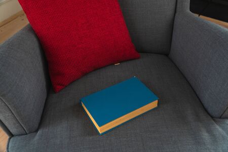 gray armchair with red pillow and blue book