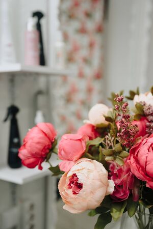 large pink peonies inside a beauty salonの写真素材