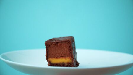 Chocolate cake on a white plate