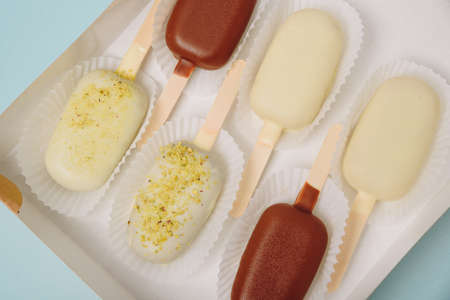 Chocolate cake in the form of ice cream on a stick on a white plate and a colored background