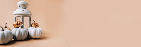 Autumn layout with pumpkins on a rose backgroundの写真素材