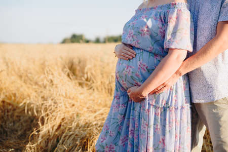 Pregnant girl with her husband holding hands in nature in the fieldの写真素材