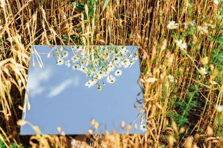 Square mirror in wheat ears with reflectedの写真素材