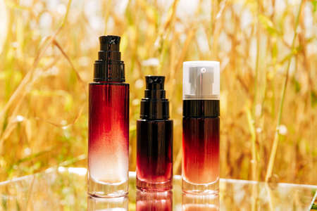 Tubes of cream in a field on a mirror surfaceの写真素材