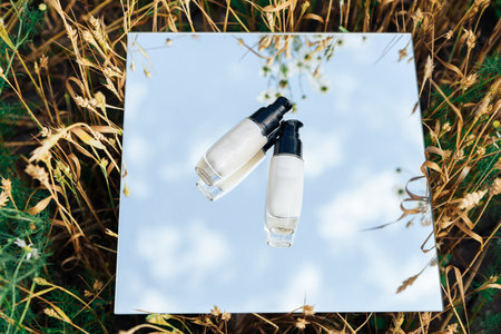 White tubes of cream in a field on a mirror surfaceの写真素材